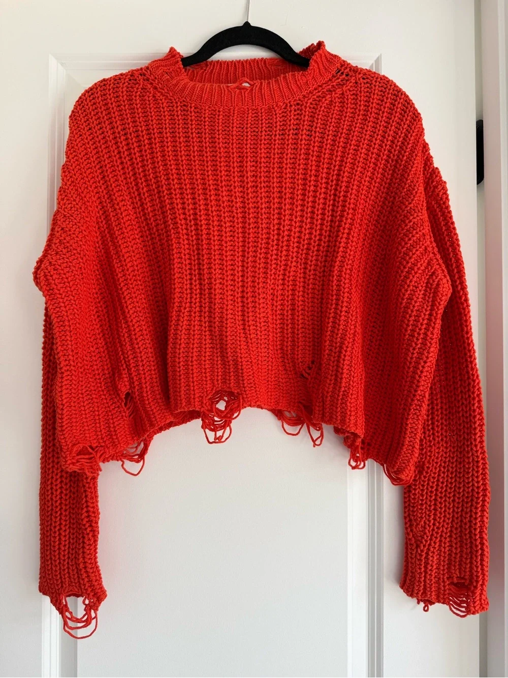 Zara Red Distressed Cropped Crew Sweater